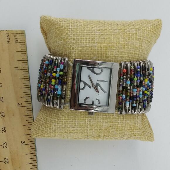 Women's Fashion Wristwatch Made of Safety Pins and Beads Stretchy Bracelet Watch - Picture 2 of 12